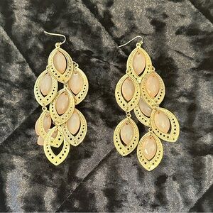 80s Chic Chandelier Gold Pale Pink Glass Beaded Stone Drop Dangle Earrings Set